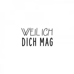 Runder Holzstempel Weil ich dich mag von Blau in Gelb mit Motivabdruck