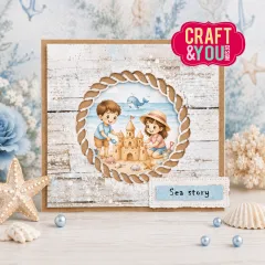 Karte mit Tauring-Rahmen um ein Motiv mit Kindern beim Sandburgbauen und Textbanderole "Sea story"
