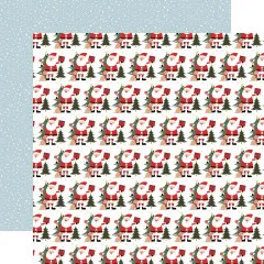Designpapier mit wiederholendem Muster aus Weihnachtsmännern, Hunden, Weihnachtsbäumen und Geschenken auf weißem Hintergrund