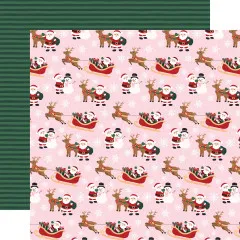 Designpapier mit Santa, Schneemann und Rentierschlitten auf Rosa / Rückseite: grünes Streifenmuster