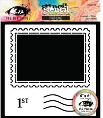 Quadratische 15x15 cm Schablone 'First Class' mit Briefmarken-Motiv inkl. gezacktem Rand, "1st"-Wertaufdruck und Poststempel-Wellenlinien.