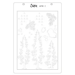 Schablonenbogen mit Tannenbaum-Silhouetten, Dreiecken und Spritzer-Motiven.