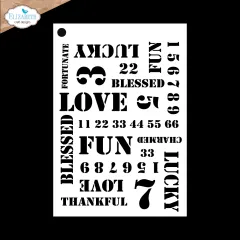 Einzelschablone mit Wortcollage "LOVE", "FUN", "LUCKY" und Zahlen