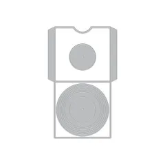 Uncolorierte Stanzformen des Sets: Plattenhülle mit Ausschnitt und konzentrisch geritzte Schallplatte mit Mittenlabel.