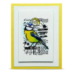 Schlichte handgemachte Karte mit Blaumeisen-Stempel in Gelb und Blau