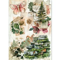 Reispapier-Bogen mit Collage aus Schmetterling, gepressten Farnen und Steinmauer im Design The Nature Journal