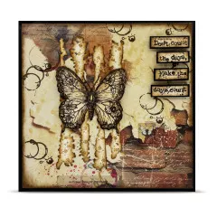 Gestaltungsbeispiel: Beige-Creme Hintergrund mit braunen und goldenen Strahlen, Schmetterling schwarz, Text-Boxen, Vintage-Elemente