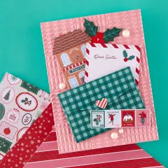 Weihnachtskarte mit Mini-Postkarte, Umschlag und aufgeklebten roten Schmucksteinen