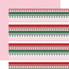 Bordürenstreifen-Musterpapier mit Schneeflocken in Rot, Grün und Rosa / Rückseite: rosa Schneeflocken-Muster