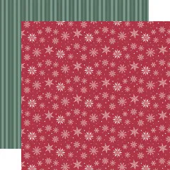 Designpapier mit weißen Schneeflocken auf Rot / Rückseite: grün-weißes Streifenmuster