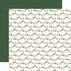Designpapier mit roten Schneeflocken-Muster auf rotem Grund und grünem Punktmuster