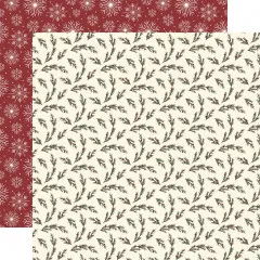 Bordeauxrotes Papier mit Schneeflocken-Muster, Beige-creme Papier mit grünen Tannenzweigen und roten Akzenten
