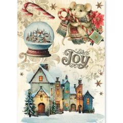 Reispapier-Bogen mit Schneekugel, Maus im Winterschal und beleuchtetem Winterdorf im Design Cozy Christmas