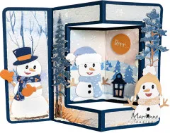 Dreiteilige Faltkarte mit drei Schneemann-Szenen und Schriftzug 'Brrr...'