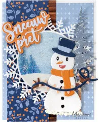 Schneemann-Karte mit Lichterkette und Schneekugel-Ausschnitt, Schriftzug 'Sneeuwpret'