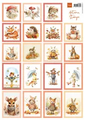 A4-Schneidebogen mit 20 herbstlichen Briefmarken-Illustrationen: Fliegenpilzhaus, Fuchs, Igel, Eichhörnchen, Vogelscheuche und verkleidete Tiere.