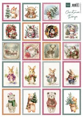 A4-Schneidebogen mit 20 vintage-weihnachtlichen Briefmarken-Illustrationen: Weihnachtsmann, Rentiere, Gnom, Teddybären und weitere Motive.