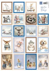 A4-Schneidebogen mit 20 briefmarkenartigen Wintertier-Illustrationen: Hase, Elch, Bär, Fuchs, Reh, Igel, Hund und weitere Motive.
