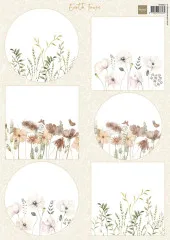 A4-Bogen mit sechs runden und eckigen Motiven: zarte Wiesenblumen, Mohn und Gräser in Beige- und Erdtönen