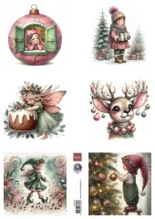A4-Schneidebogen mit sechs illustrierten Weihnachtsmotiven: Fensterkugel-Mädchen, Kind im Schnee, Fee mit Torte, Rentier mit Kugeln, singende Elfe und Wichtel am Baum