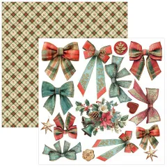 Doppelseitiger Schneidebogen mit Karo-Musterpapier und ausschneidbaren Schleifen- und Bänder-Motiven in Rot und Türkis