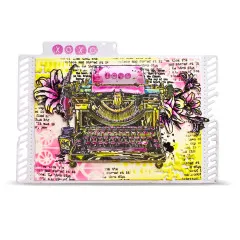 Mixed-Media-Hintergrund in Rosa und Gelb mit Schreibmaschine und Blumenmotiven