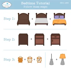 Anleitung Bedtime Tutorial mit drei Schritten zum Zusammensetzen von Bett, Nachttisch, Wecker und Lampe