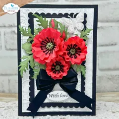 Schwarz-weiße Karte mit roten Mohnblüten und weißem Schmetterling, Spruch „With love“.