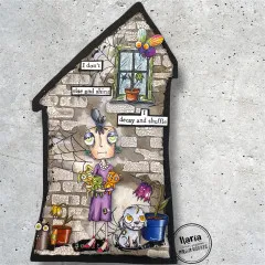 Schwarzes Hausform-Die-Cut mit Frau, Kindern, Blumenverzierungen und Text 'I don't rise and shine I decay and shuffle'