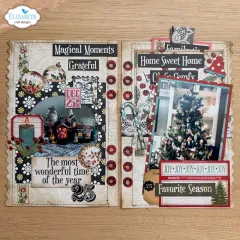Gestaltete Scrapbook-Doppelseite mit weihnachtlichen Motiven und roten Verstärkungen