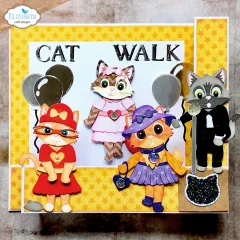 Scrapbook-Layout mit vier modisch gekleideten Katzen.