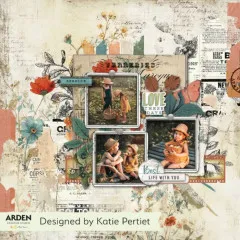 Detailliertes Scrapbook Layout mit Kinderfotos und Stickern