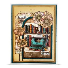Vintage-Scrapbook-Seite mit Buchseiten-Hintergrund, gestempelten Mohnblüten und den Wortstickern „read”, „and”, „write”
