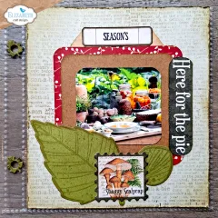 Dekorierte Scrapbook-Seite mit Herbstblättern und Pilz-Motiv