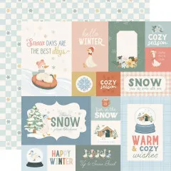 Bastelpapier mit verschiedenen winterlichen Geschenkanhängern, Schildern und Gänsemotiven.