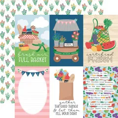 Scrapbooking-Layouts Freshly Picked mit Kartenvorlagen, Sprüchen wie 'locally grown', 'harvest season' und 'fresh picked' auf verschiedenfarbigen Designpapieren