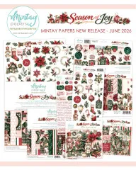 Werbecollage zur Mintay-Papers-Kollektion 'Season of Joy' mit Papiersets, Stickern und Ephemera.