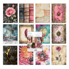 Alle 12 Einzelmotive des Secret Diary Paper Pads: Buchdeckel mit Schloss, Rose, Waage, Federn, Ballon, Sonne und Blumenmedaillon.