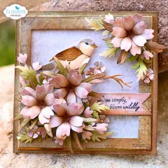 Sepiafarbene quadratische Karte mit Spatz auf Ast und rosa Blüten, Spruch „Live simply, bloom wildly“.