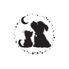 Siegelmotiv mit Katze und Hund als Silhouette, die zum Mond und zu den Sternen schauen