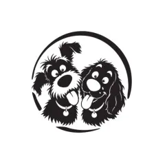 Siegelmotiv mit zwei lachenden, zotteligen Hunden im Kreis