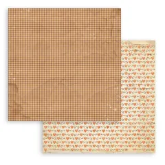 Braunes Gingham-Karomuster, Rückseite orangefarbene Herzen mit Rankenmuster.