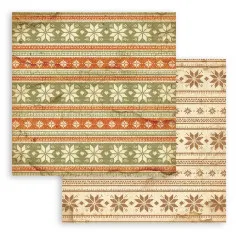 Grün-orange-cremefarbenes Norwegermuster mit Schneeflocken, Rückseite braunes Nordic-Muster.