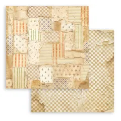 Vintage-Patchwork-Collage aus Streifen, Karos und Blumenmustern, Rückseite Karomuster.
