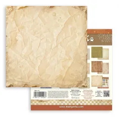 Gealterte, zerknitterte Papiertextur in Creme mit Verpackungsvorschau auf der Rückseite.