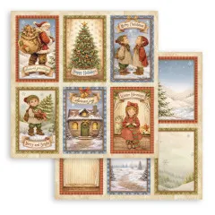 7-teiliges Kartenraster mit Elfenkindern, Häuschen und weihnachtlichen Motiven.
