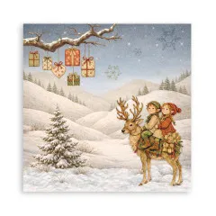 Zwei Elfenkinder reiten auf einem Hirsch mit geschmücktem Geschenkezweig.