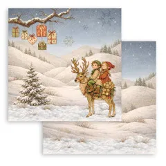 Elfenkinder auf Hirsch mit Geschenkezweig, Rückseite Sternenhimmel.
