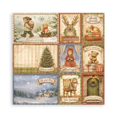 3x3-Raster mit weihnachtlichen Grußkarten-Motiven: Elfen, Hirsch, Dorf und mehr.