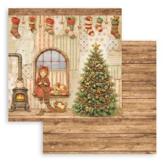 Mädchen strickend in Küchenszene mit Baum und Strümpfen, Rückseite Holzoptik.